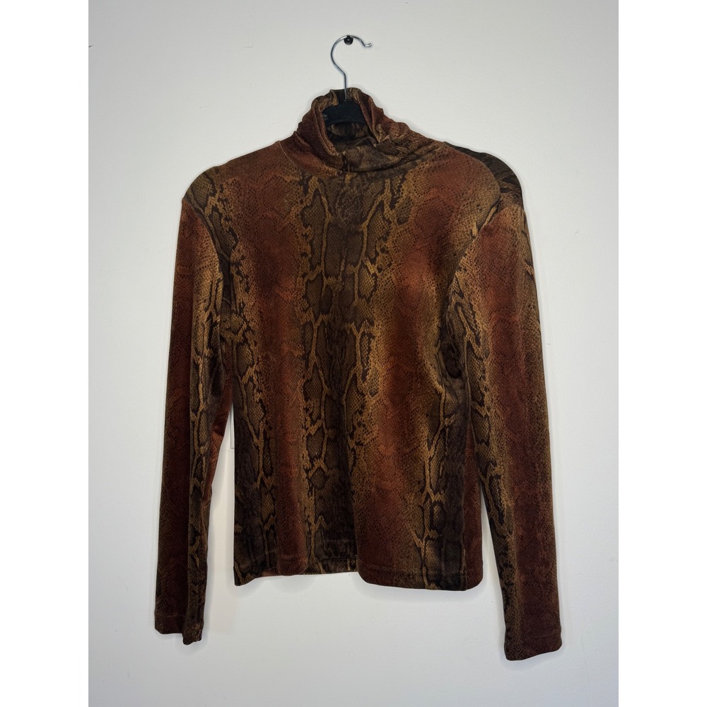 SnoSkins Womens Brown Snake Skin Print Velour Turtleneck Top Long Sleeve Size S